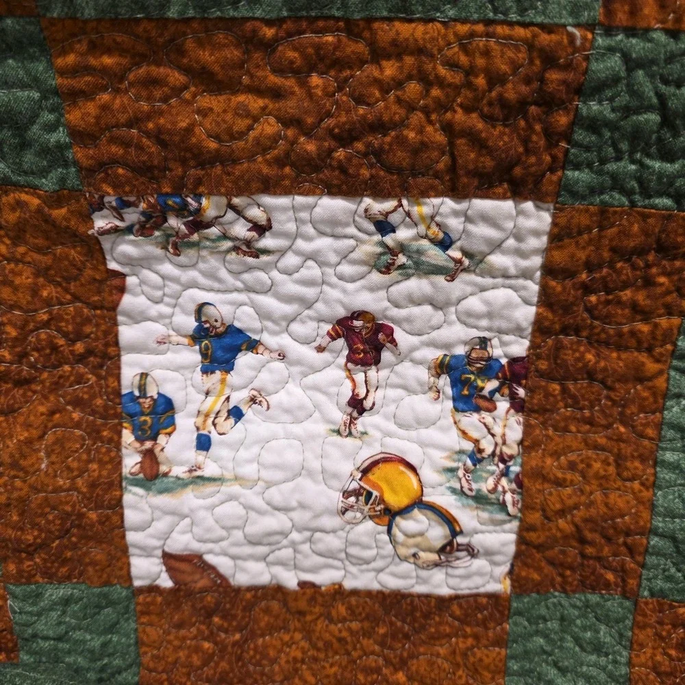 Quilt 66x80 Handmade Machine Sewn Green Brown Ivory Patch Boys Football Sports